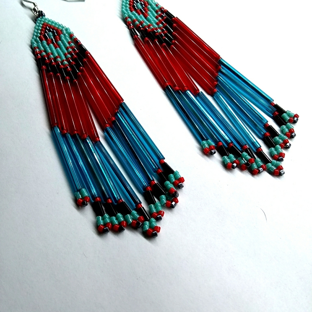 Beaded Handmade Long Fringe Red Blue Petit Earrings - Picture 3 of 6